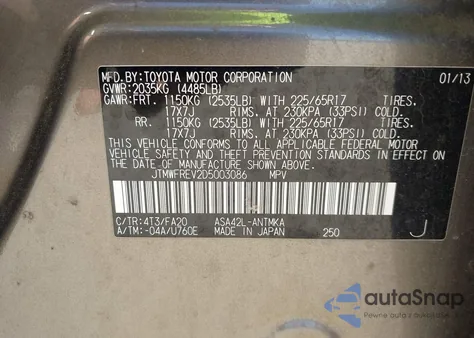 2013 Toyota Rav4 Xle из США, поврежденный, VIN JTMWFREV2D5003086